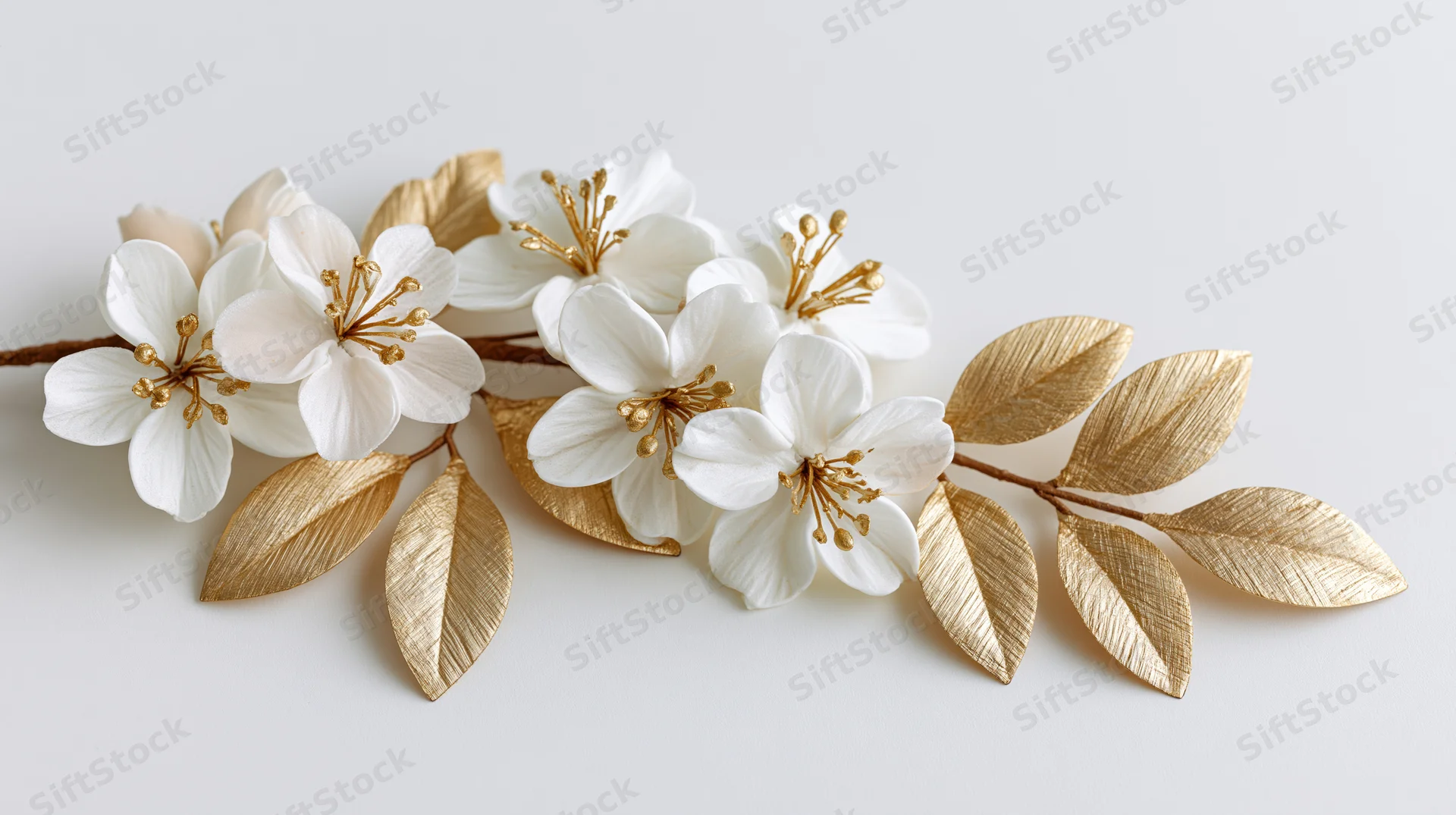 Decorative floral branch with white blossoms and gold leaves on white background