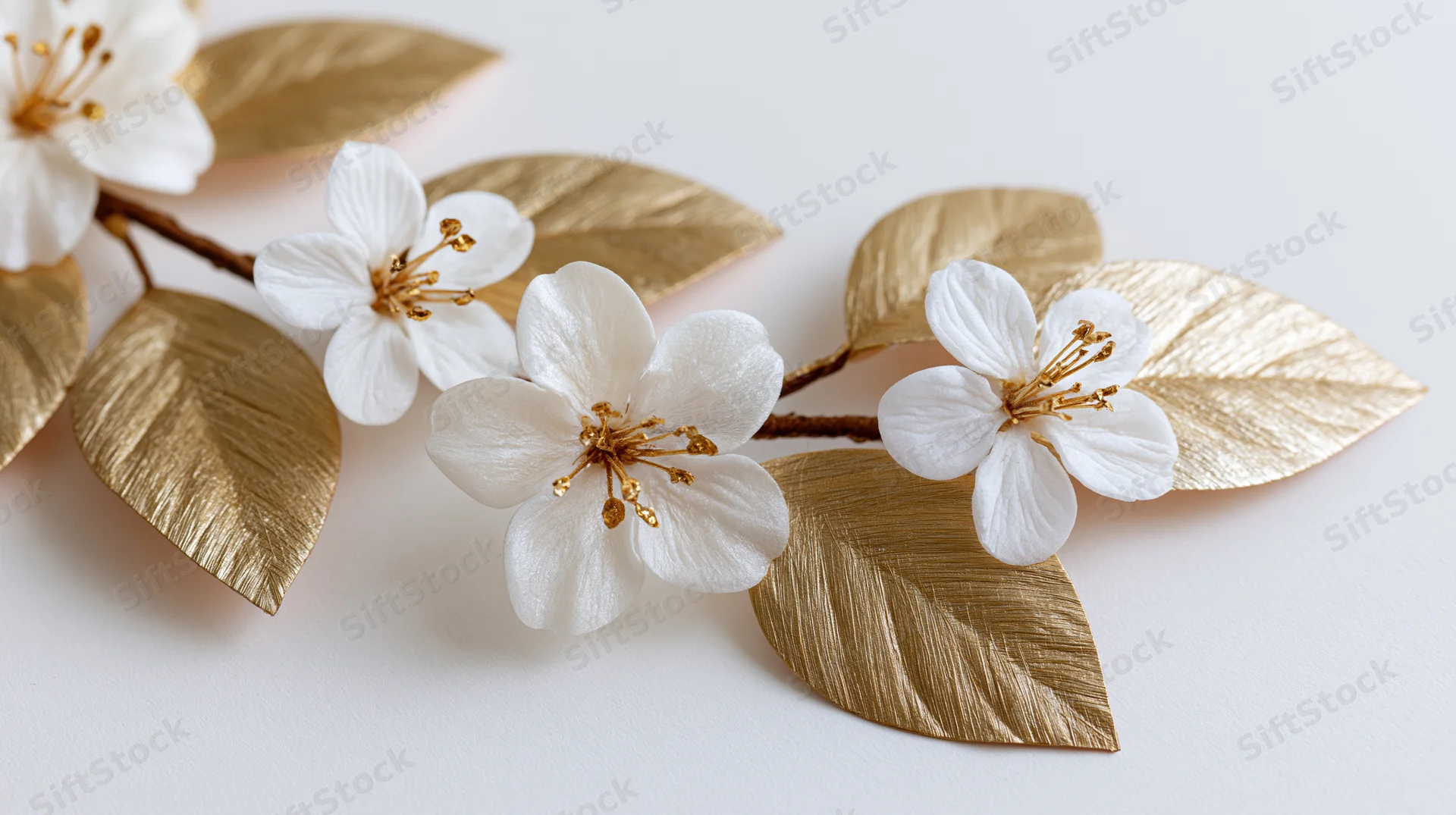 Decorative floral branch with white blossoms and gold leaves on white surface