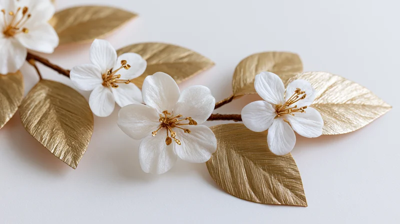 Decorative floral branch with white blossoms and gold leaves on white surface