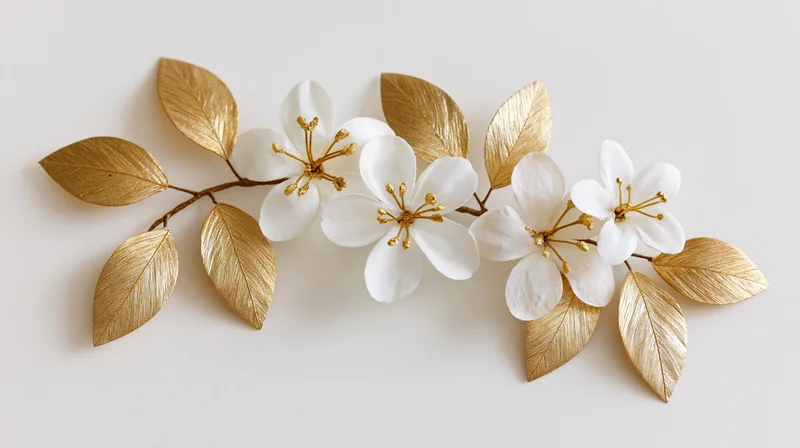 Decorative floral branch with white blossoms and gold leaves arranged flat on white surface