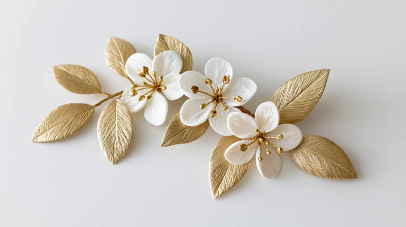 Decorative floral branch with white blossoms and gold leaves on white surface
