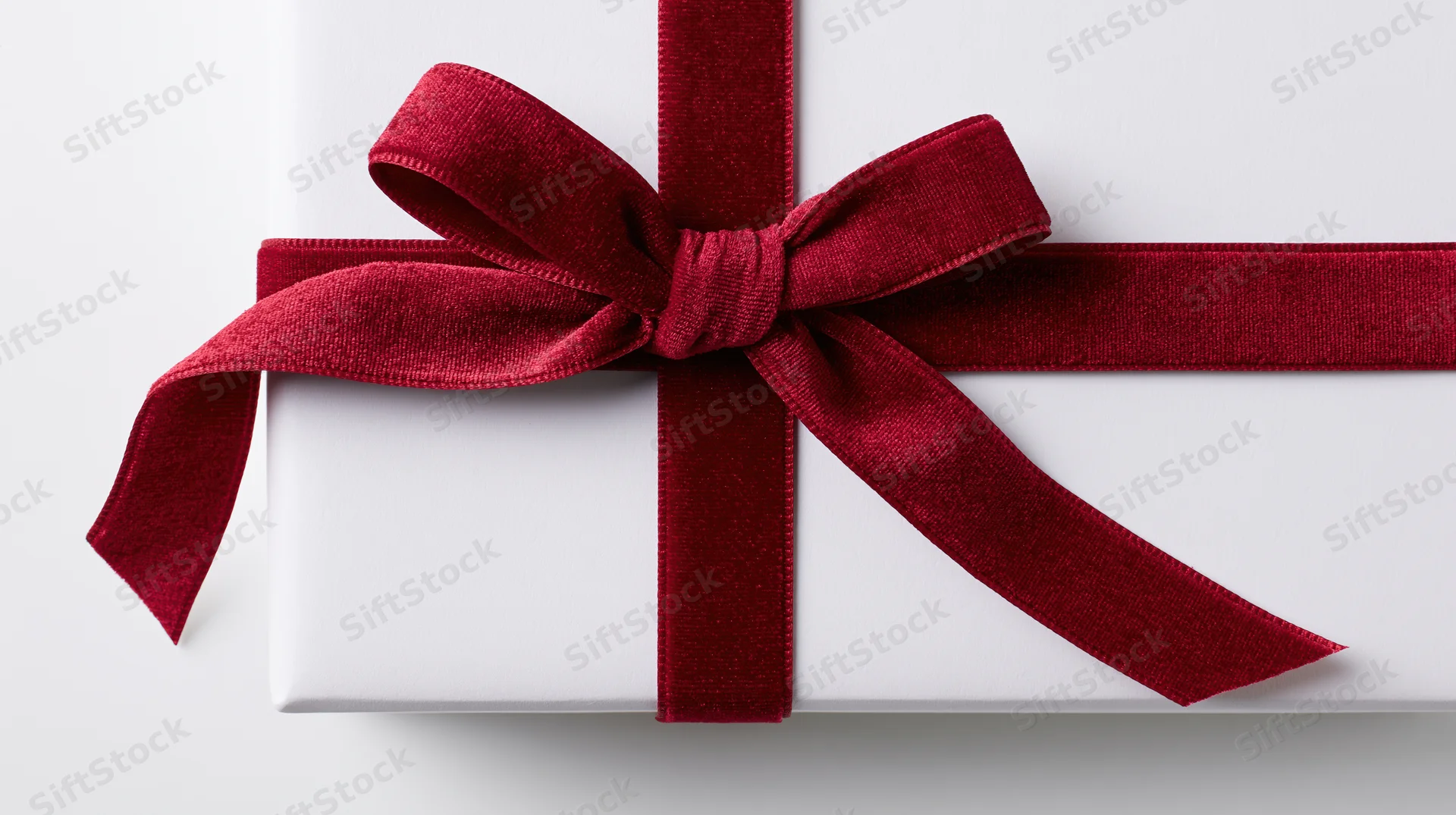White gift box wrapped with deep red velvet ribbon tied in a bow, isolated on white background