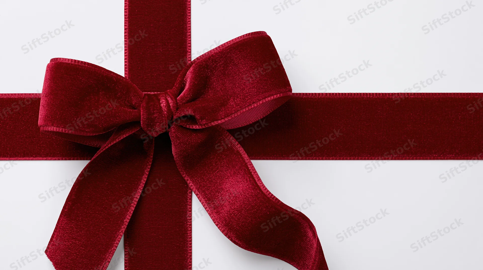 Deep red velvet ribbon tied in a bow across a white surface