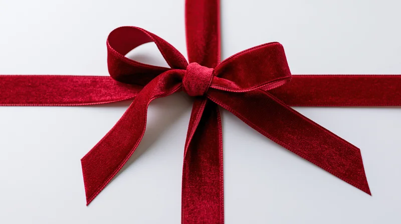 Deep red velvet ribbon tied in a bow on white background