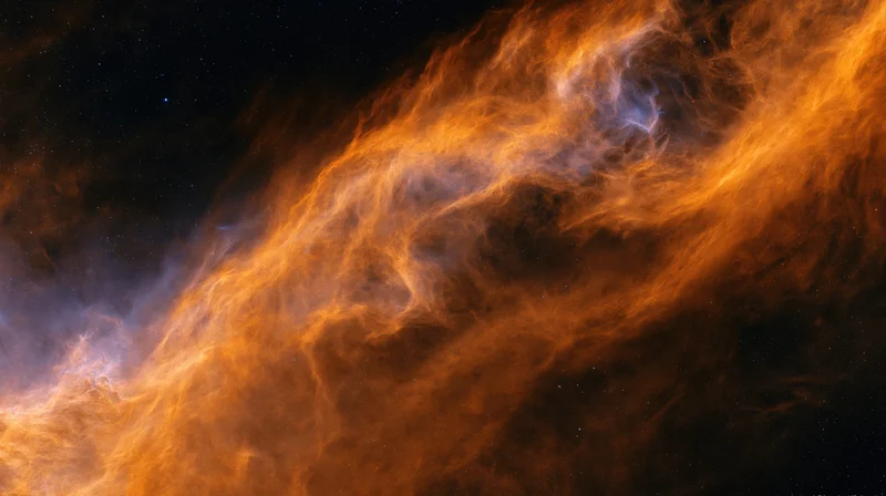 Glowing nebula cloud filling the frame with wispy orange and blue gas against dark space