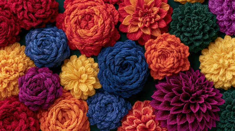 Dense arrangement of hand-embroidered textile flowers in vibrant colors filling the frame