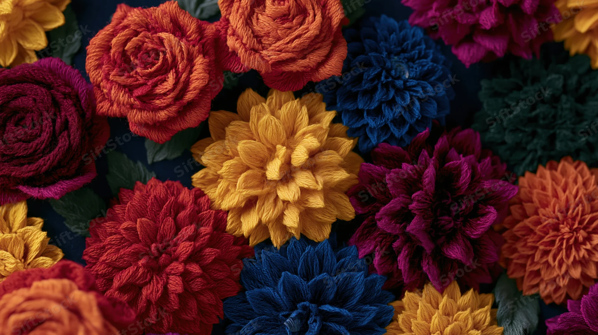Hand-embroidered textile flowers densely arranged in vibrant colors on dark background