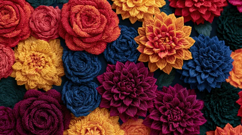 Dense arrangement of hand-embroidered textile flowers filling the frame
