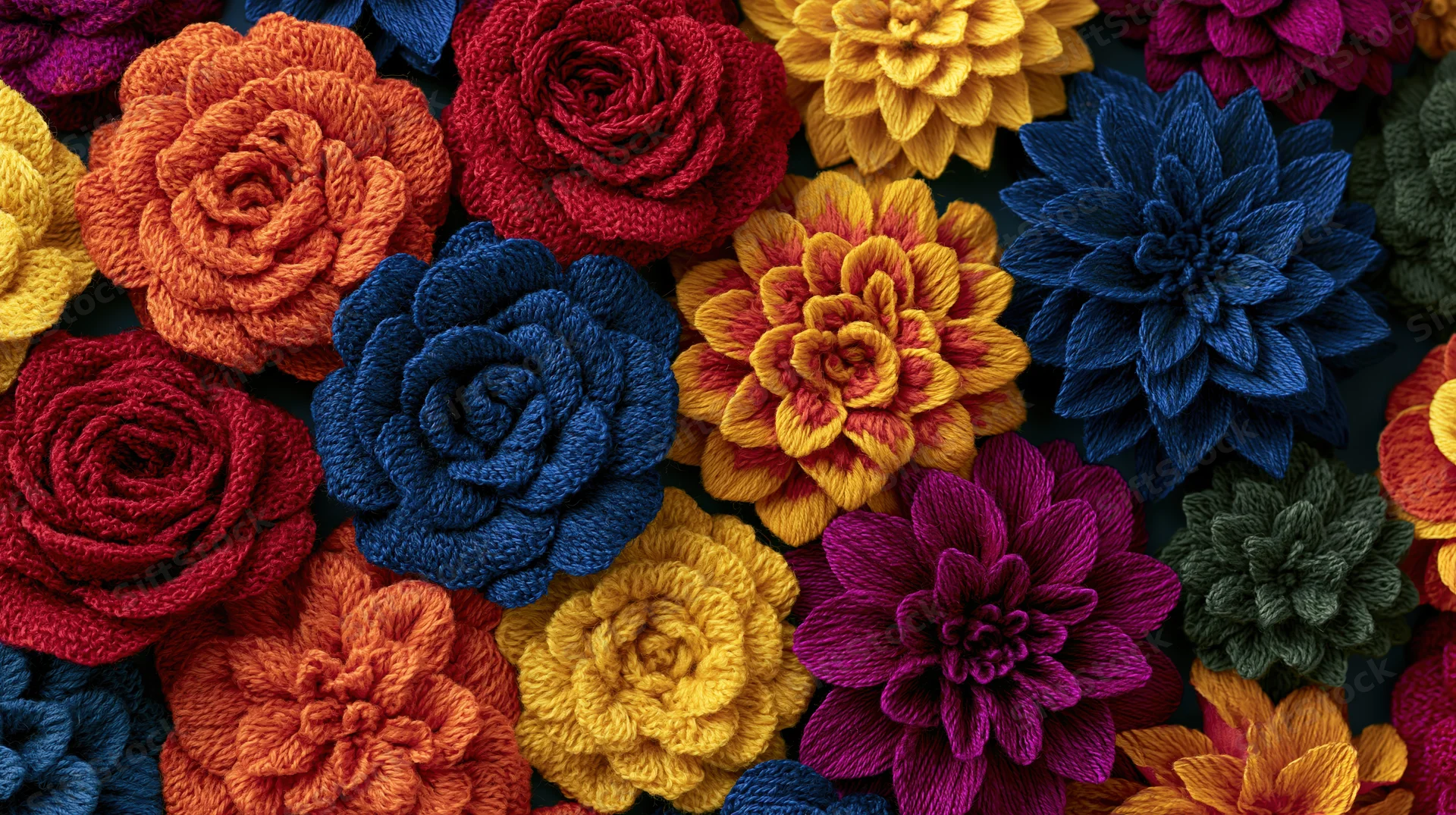 Dense arrangement of colorful hand-embroidered textile flowers filling the frame