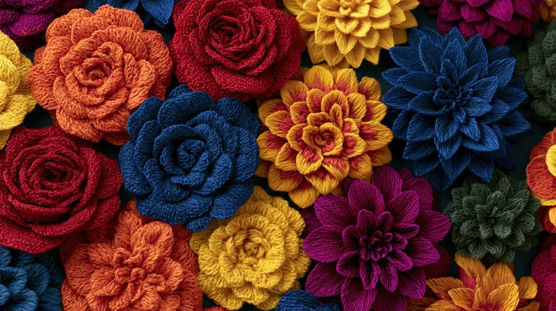 Dense arrangement of colorful hand-embroidered textile flowers filling the frame