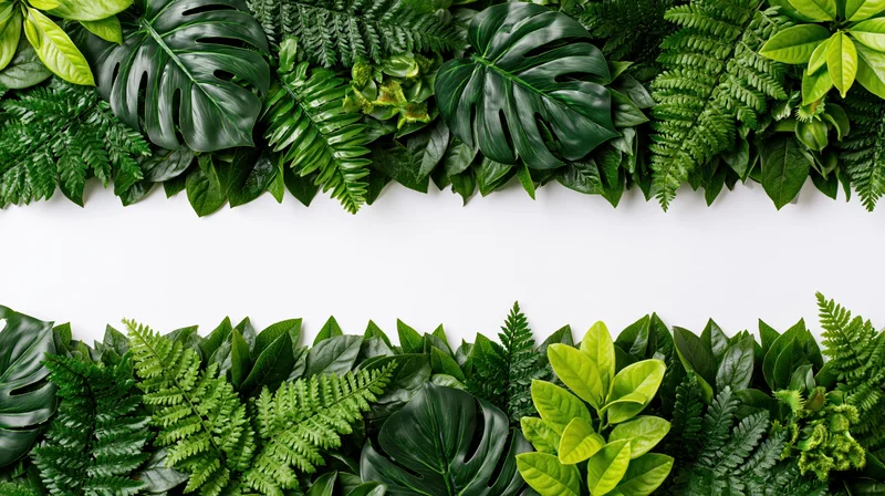 Dense tropical foliage border of monstera and fern leaves arranged horizontally on white background with copyspace