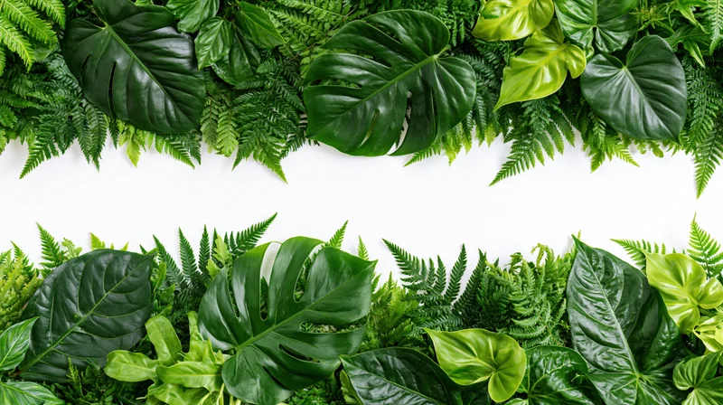 Dense arrangement of tropical foliage forming a border with white copyspace in center