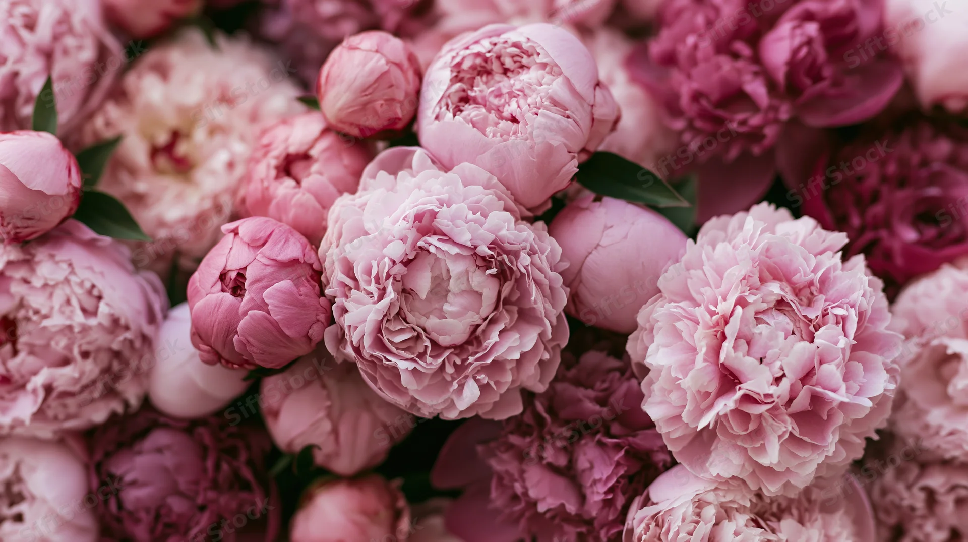 Dense cluster of pink peonies filling the frame with soft petals and green leaves