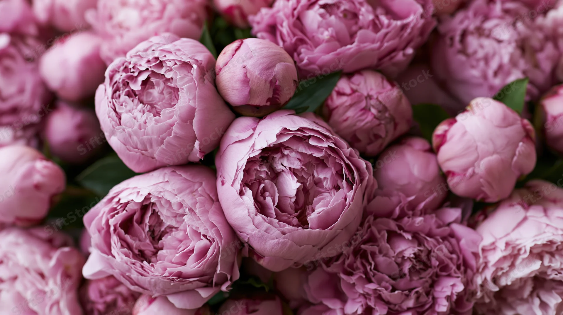Dense cluster of pink peonies filling the frame with layered petals and green leaves