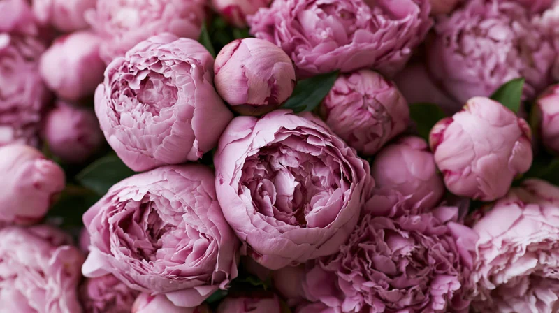Dense cluster of pink peonies filling the frame with layered petals and green leaves