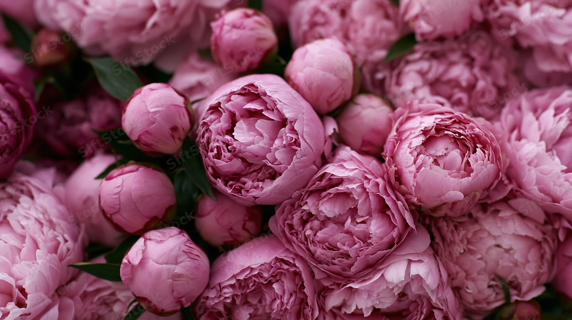 Dense cluster of pink peonies in full bloom filling the frame