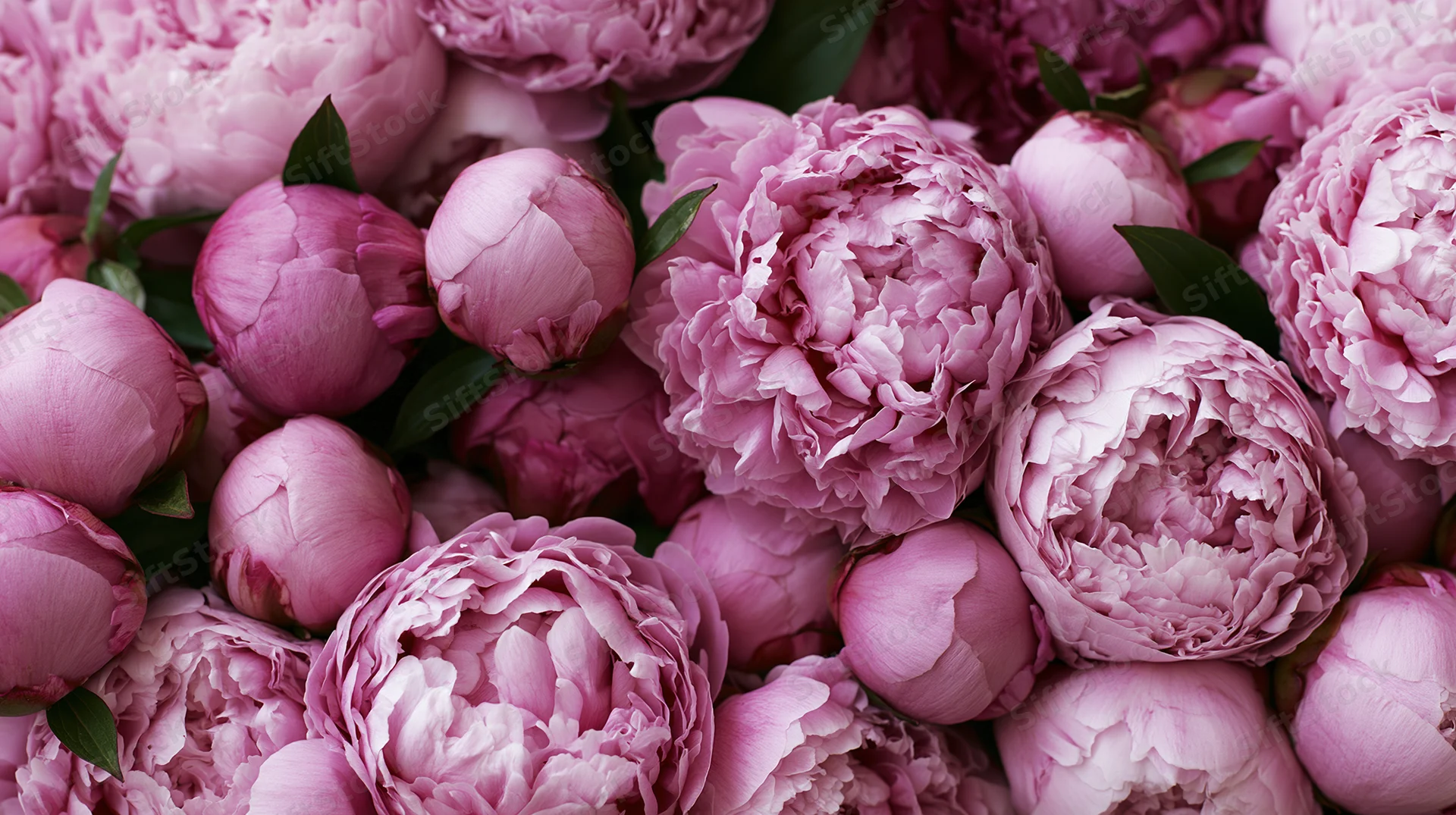 Dense cluster of pink peonies in full bloom with green leaves filling the frame
