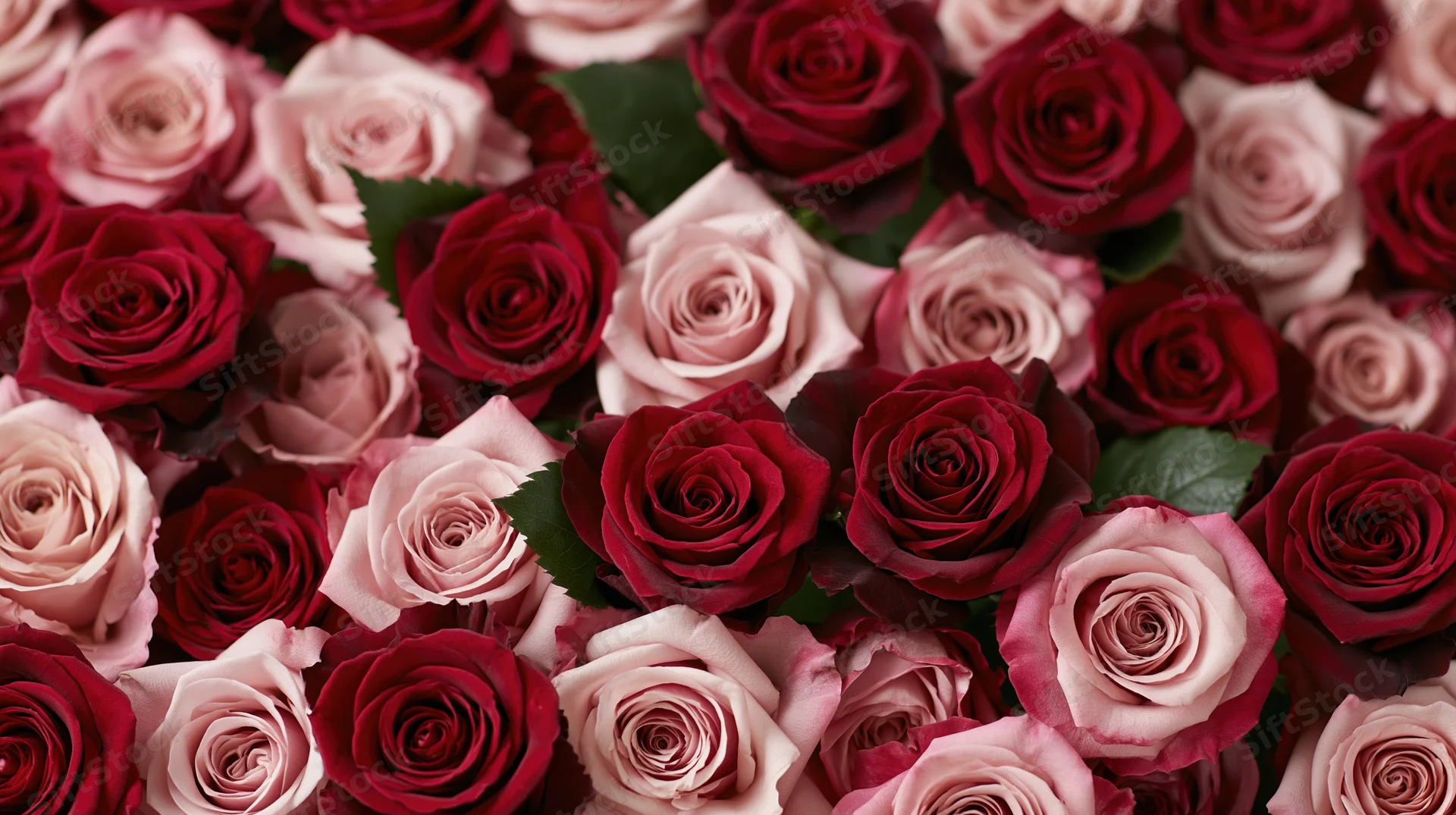 Dense arrangement of red and blush pink roses filling the frame