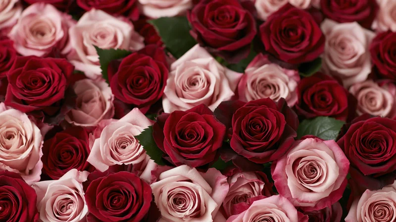 Dense arrangement of red and blush pink roses filling the frame