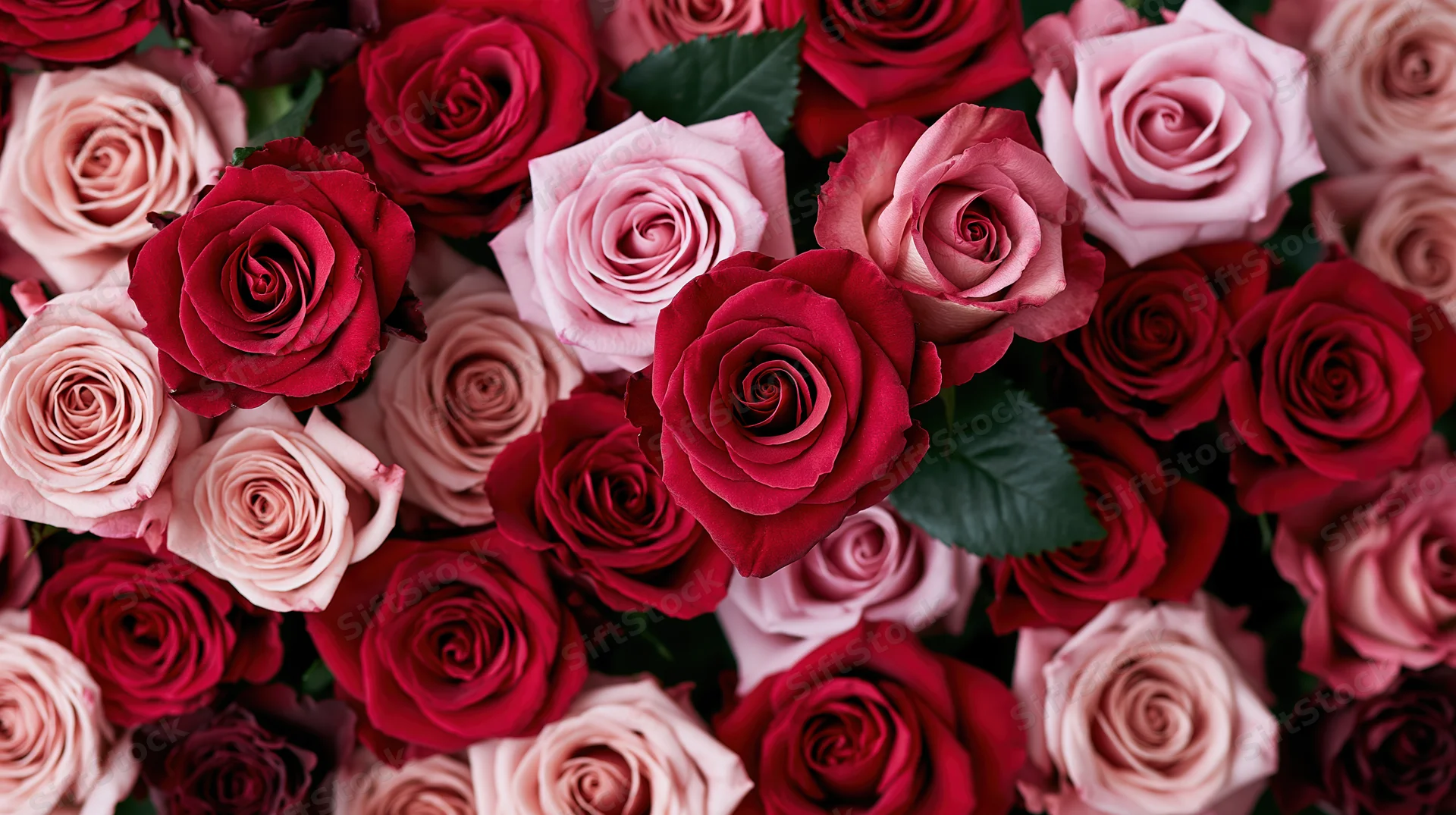 Dense arrangement of red and blush pink roses viewed from above