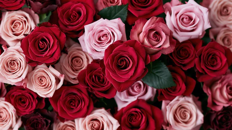 Dense arrangement of red and blush pink roses viewed from above