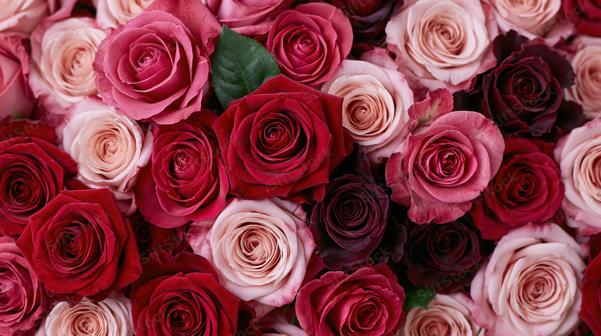 Dense arrangement of red and blush pink roses viewed from above