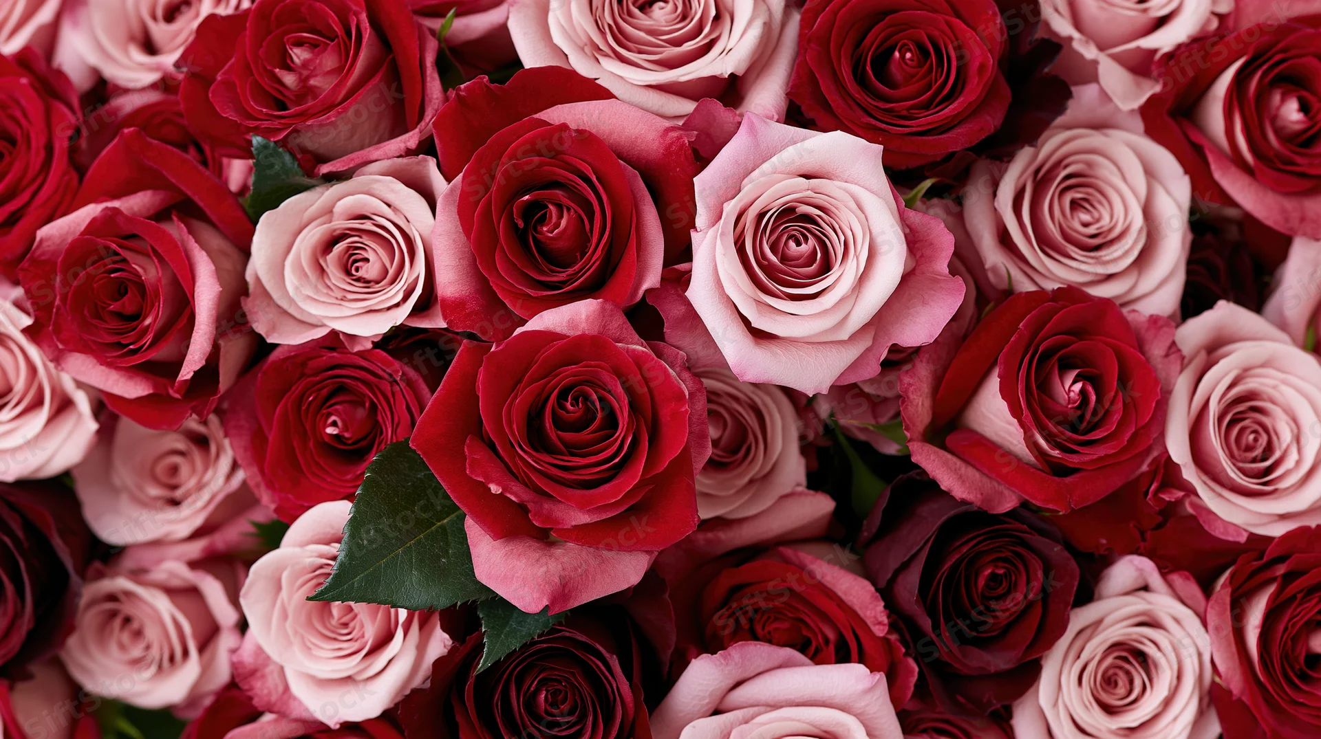 Dense arrangement of red and blush pink roses viewed from above
