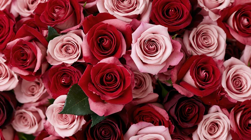 Dense arrangement of red and blush pink roses viewed from above