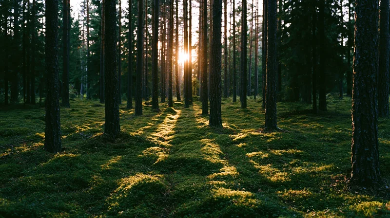 Sunlight filtering through tall pine trees in a moss-covered boreal forest interior