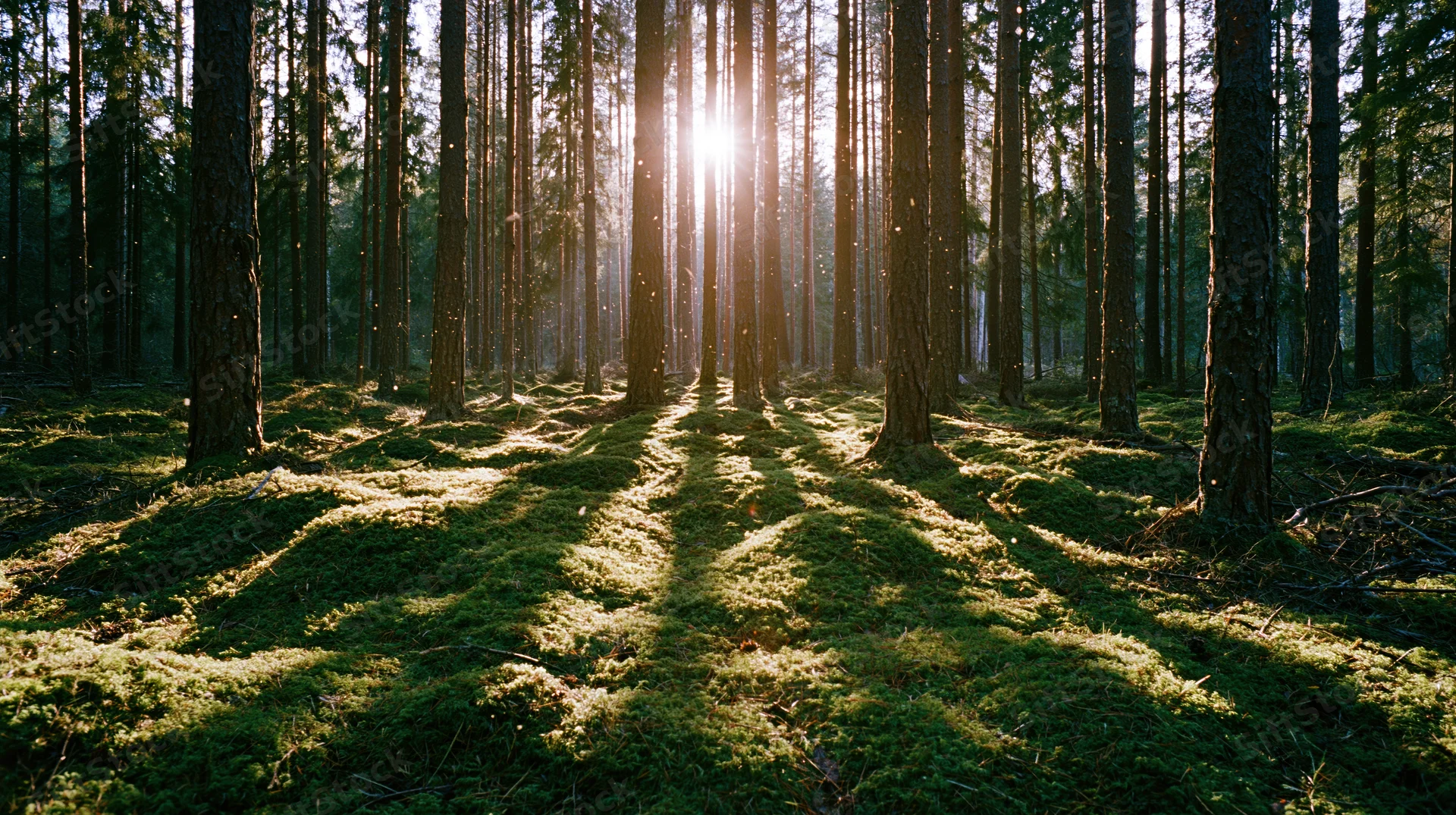 Sunlight filtering through tall pine trees in a dense forest with moss-covered ground mounds