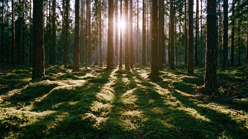 Sunlight filtering through tall pine trees in a dense forest with moss-covered ground mounds