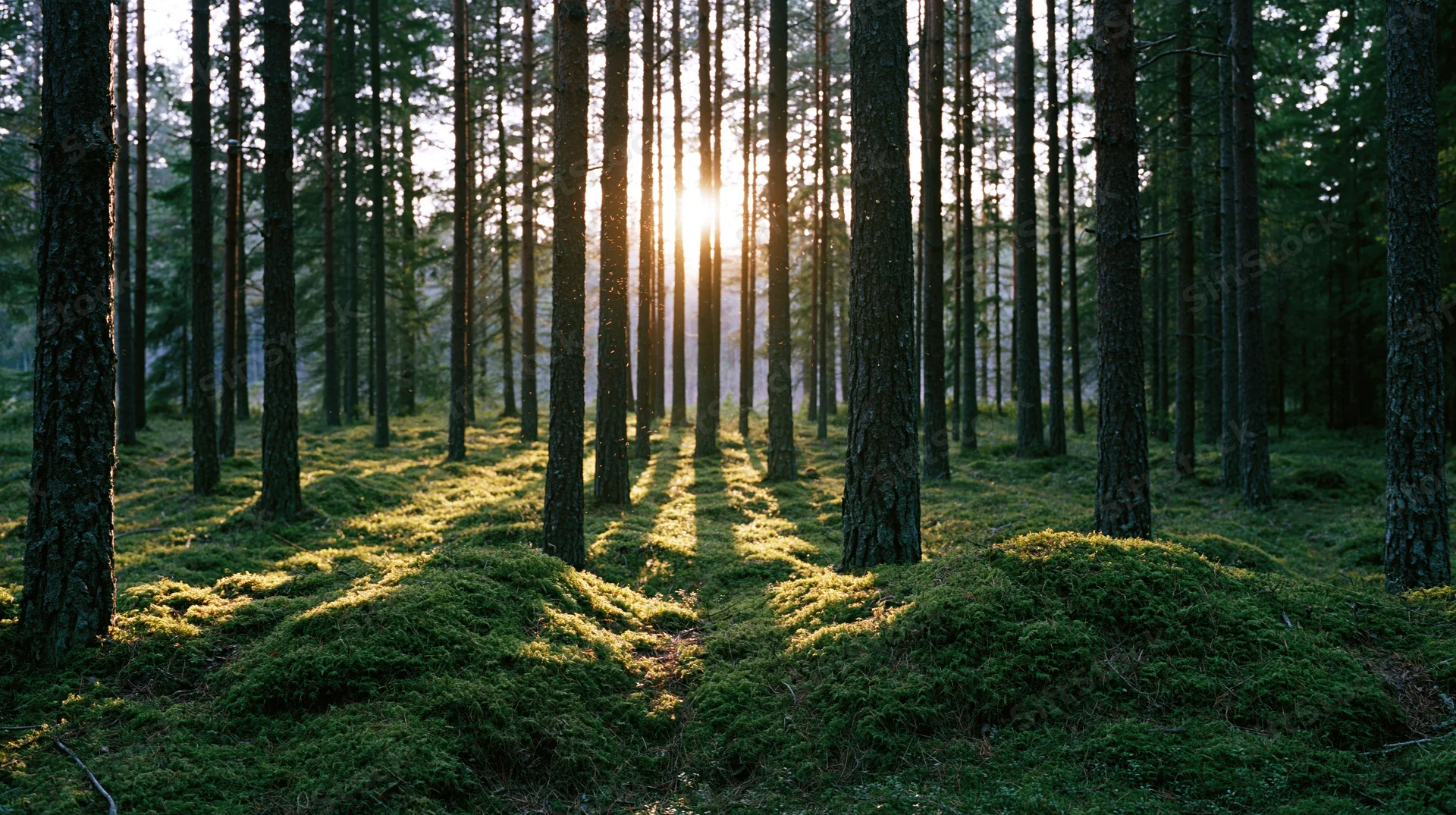 Sunlight filtering through tall pine trees in a moss-covered boreal forest interior