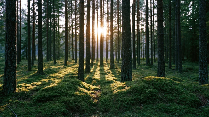 Sunlight filtering through tall pine trees in a moss-covered boreal forest interior