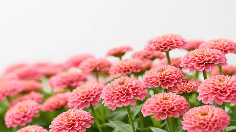 Dense cluster of pink zinnia flowers in full bloom against a white background