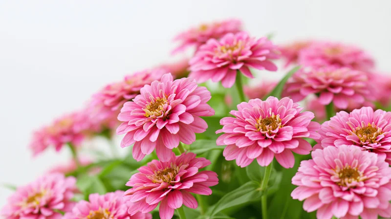 Dense cluster of pink zinnia flowers in full bloom against white background