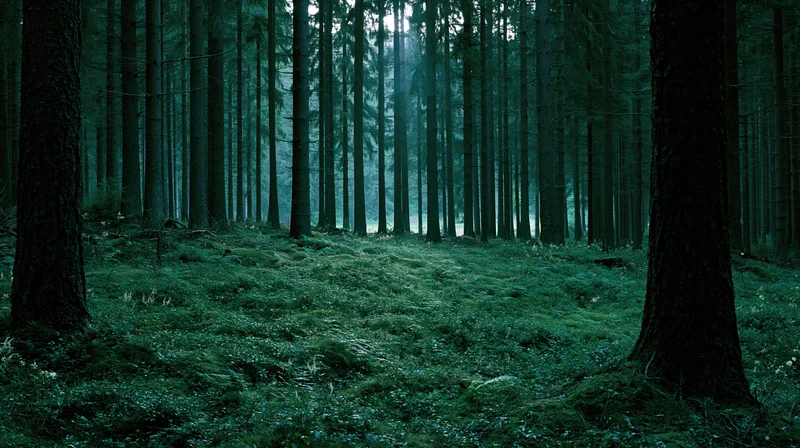 Moonlight filtering through tall conifer trees in a dense forest at night
