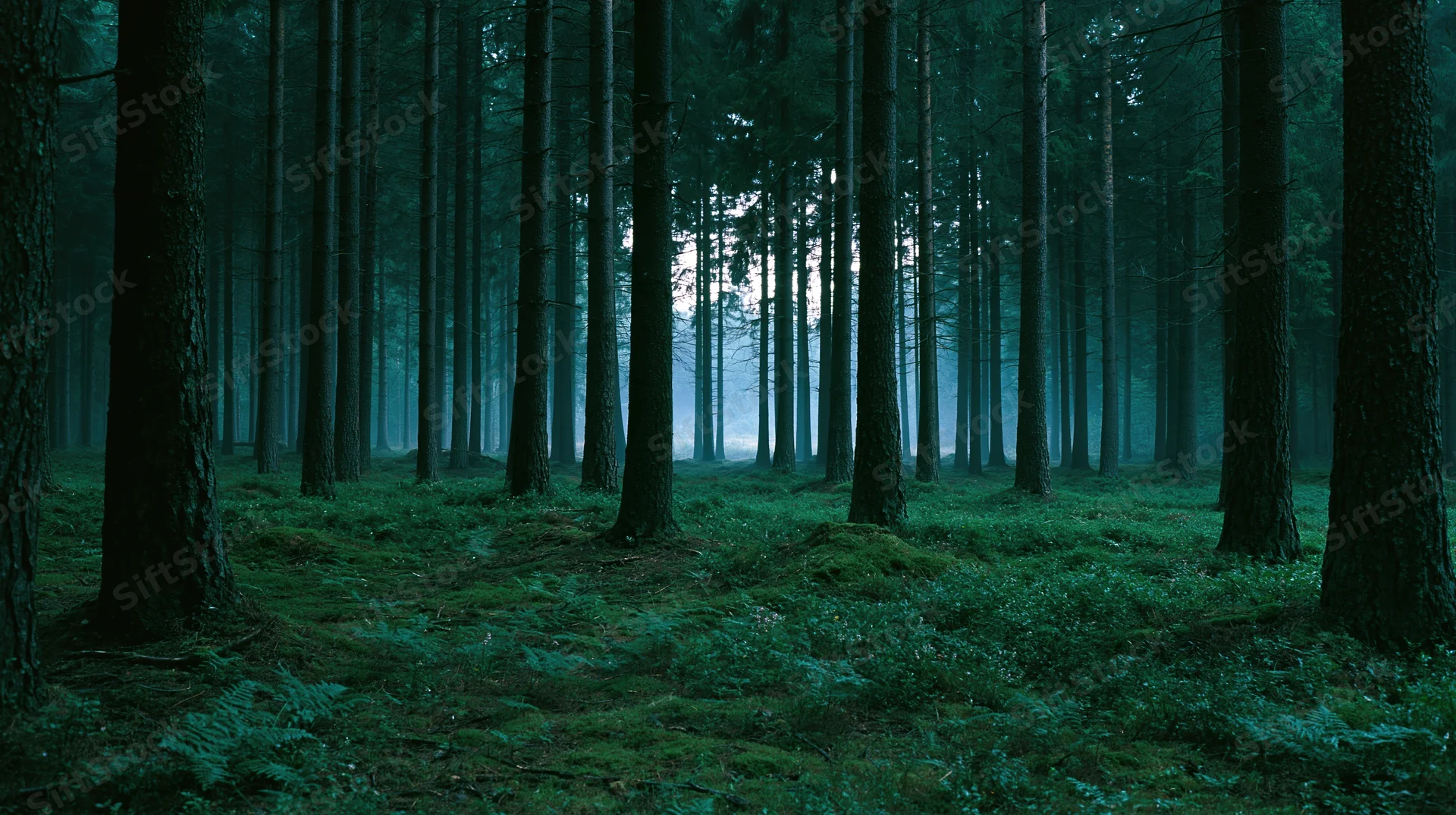 Dense conifer forest at night with moonlight filtering through tall trees and misty ground cover