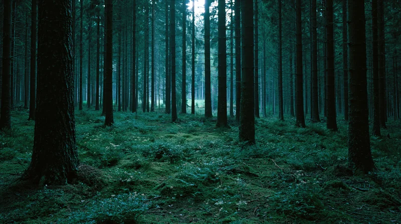 Dense conifer forest at night with moonlight filtering through tall trees onto mossy ground