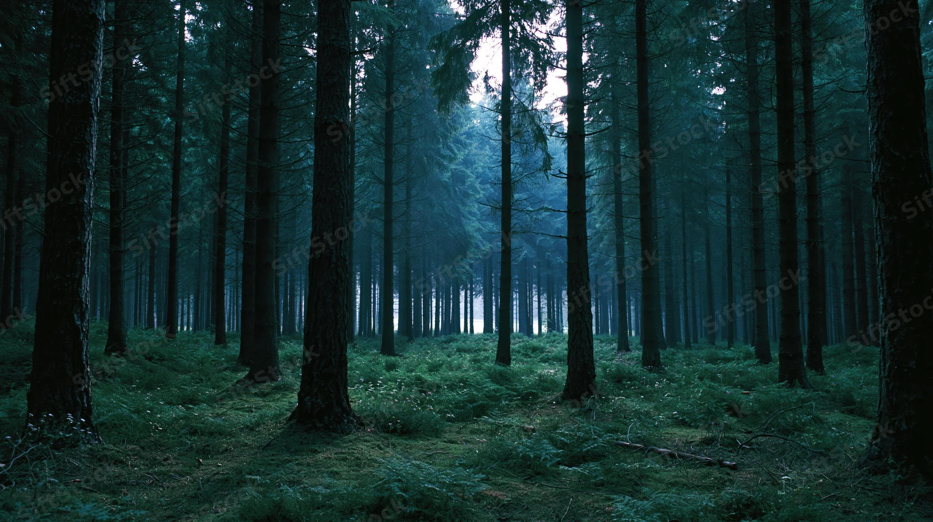 Dense conifer forest at night with moonlight filtering through tall trees