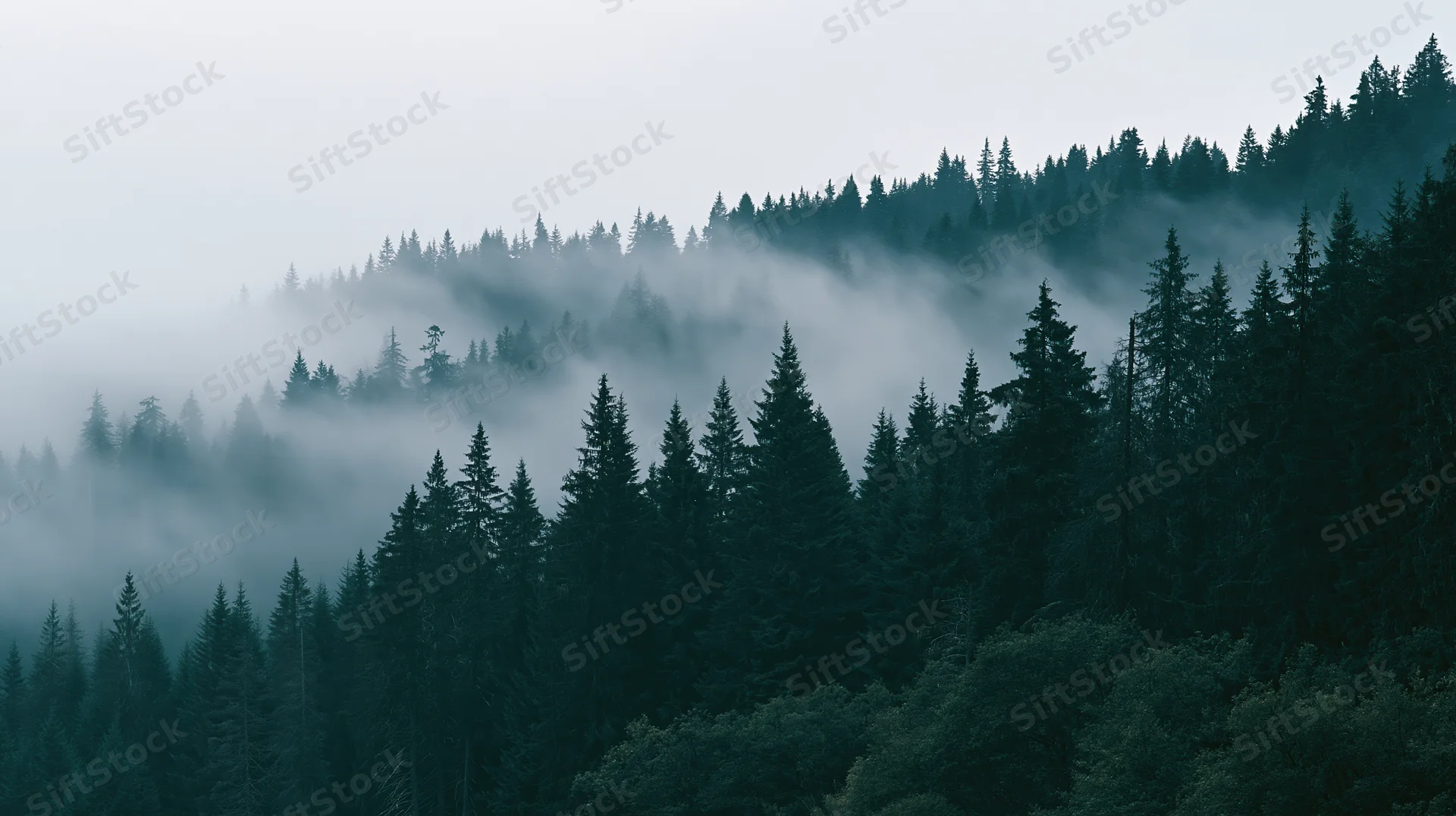 Dense conifer forest on a hillside shrouded in rolling morning fog