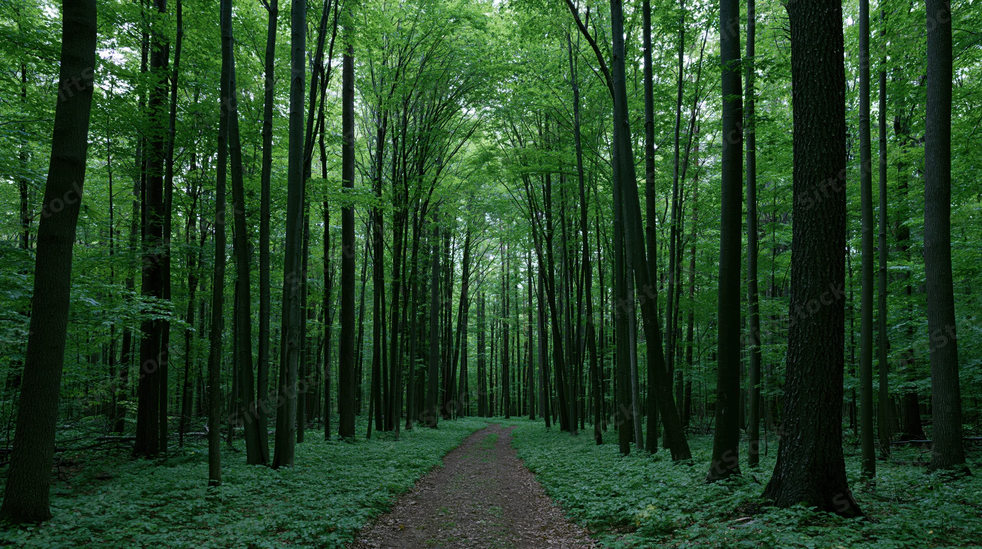 Narrow dirt path winding through dense green forest with tall trees and leafy canopy