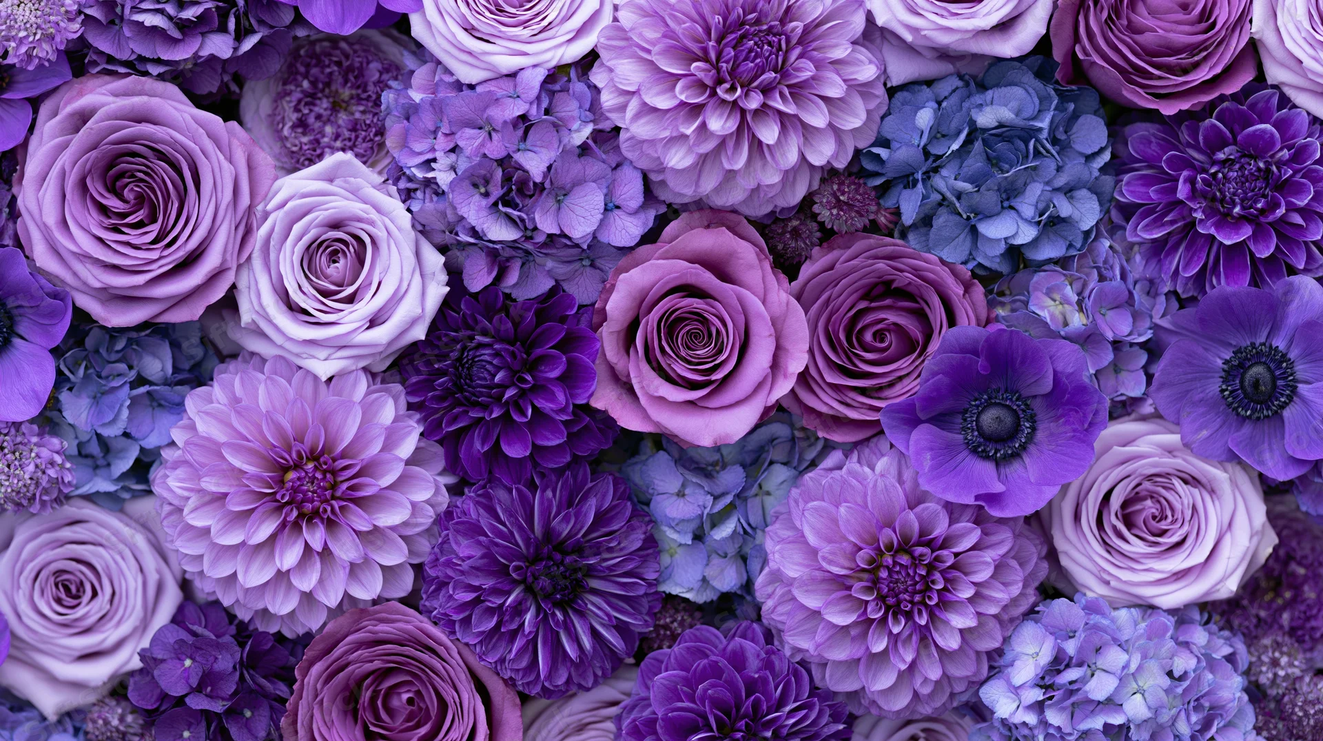 Dense flat-lay arrangement of mixed purple flowers including roses, dahlia, hydrangea and anemone