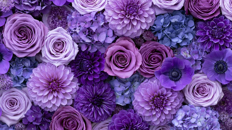 Dense flat-lay arrangement of mixed purple flowers including roses, dahlia, hydrangea and anemone