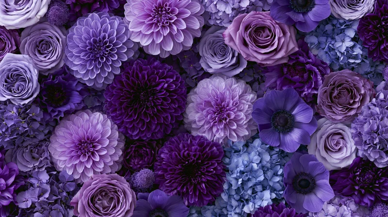 Dense flat-lay of mixed purple flowers including roses, dahlias, hydrangeas and anemones