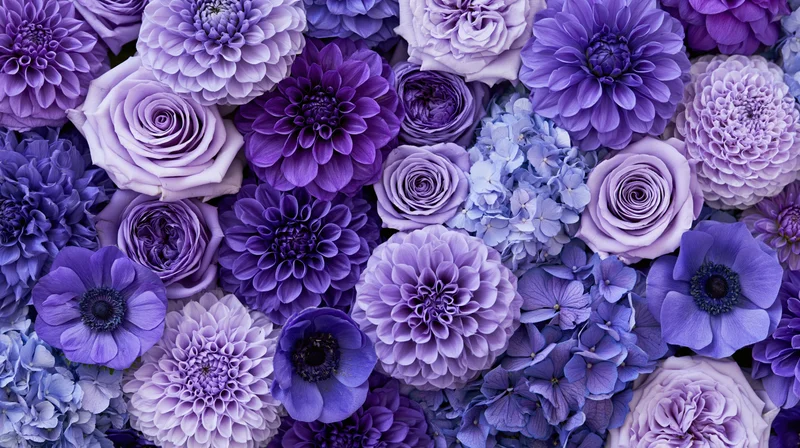 Dense flat-lay arrangement of mixed purple flowers including roses, dahlias, hydrangeas and anemones