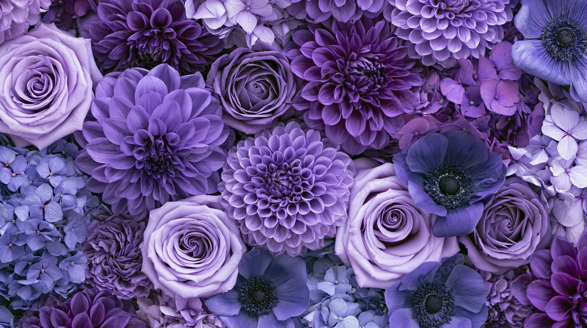 Dense flat-lay of mixed purple flowers including roses, dahlias, anemones and hydrangeas