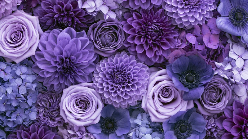 Dense flat-lay of mixed purple flowers including roses, dahlias, anemones and hydrangeas