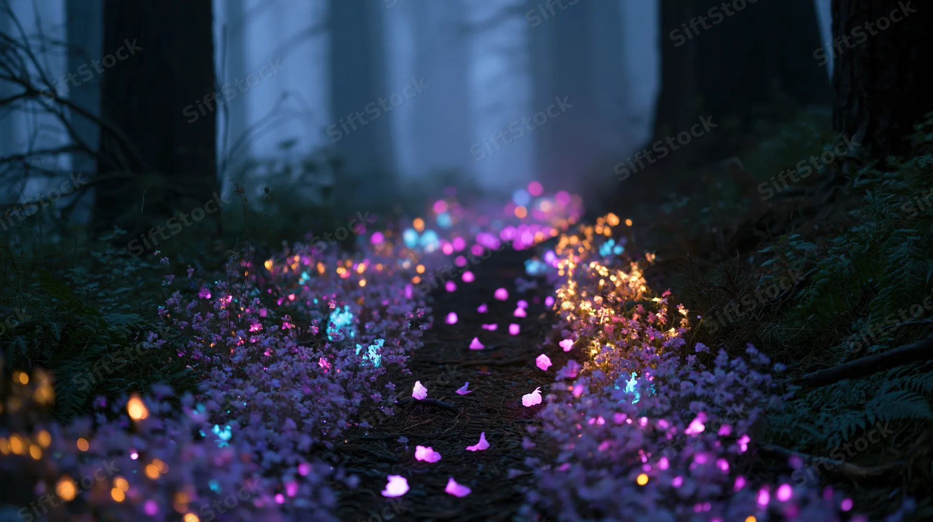 Glowing wildflowers lining a forest path at night