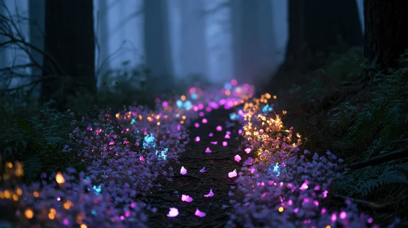 Glowing wildflowers lining a forest path at night