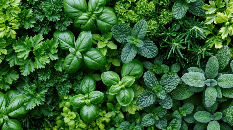 Overhead view of a dense mix of fresh green herbs arranged together in a garden setting